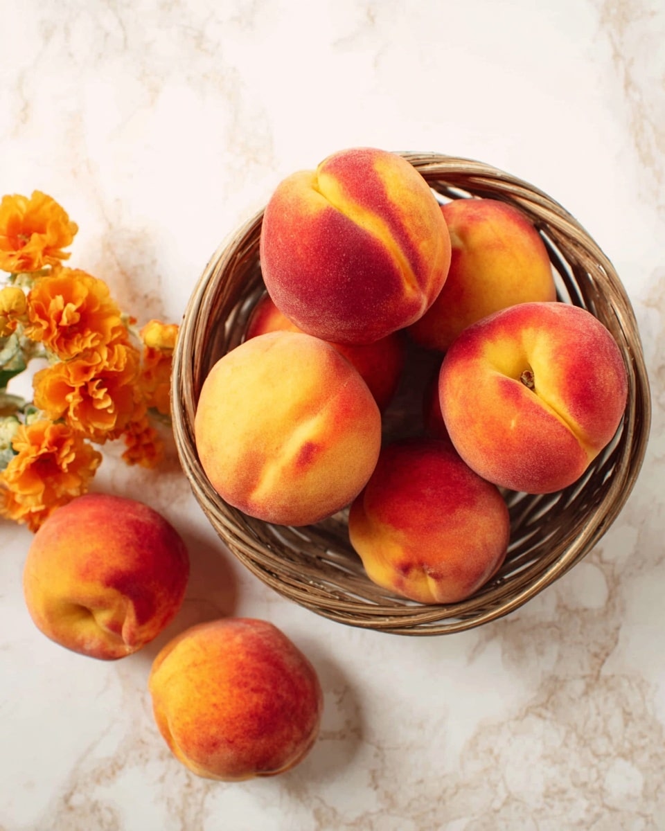 A round basket filled with six ripe peaches showing bright orange and red colors with soft fuzzy textures is placed on a white marbled surface. Around the basket, three more peaches rest directly on the surface, and a cluster of small orange flowers lies nearby on the left side. The peaches have natural shadows that highlight their roundness and subtle variations in color. Photo taken with an iphone --ar 4:5 --v 7