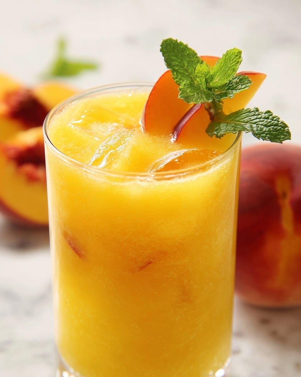 A clear glass filled with a bright yellow-orange drink that looks thick and slightly frothy, with chunks of ice floating near the top. On the drink’s surface in the front, there is a thin slice of peach with red and orange colors, and fresh green mint leaves standing upright next to the peach slice. The glass is sitting on a white marbled surface, with a blurred peach fruit in the background on the right side. Photo taken with an iphone --ar 4:5 --v 7