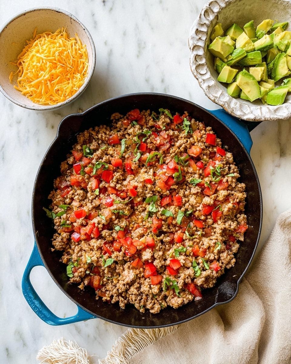A large black skillet with a blue handle is placed on a white marbled surface, filled with cooked ground meat mixed with diced red tomatoes and small green leaves scattered on top. To the left of the skillet, there is a small white bowl of shredded yellow cheese and a rustic white fluted bowl filled with chunks of green avocado. A beige cloth with fringes is partially visible at the bottom right corner. The colors of the food contrast with the dark skillet and the bright white marbled surface. photo taken with an iphone --ar 4:5 --v 7