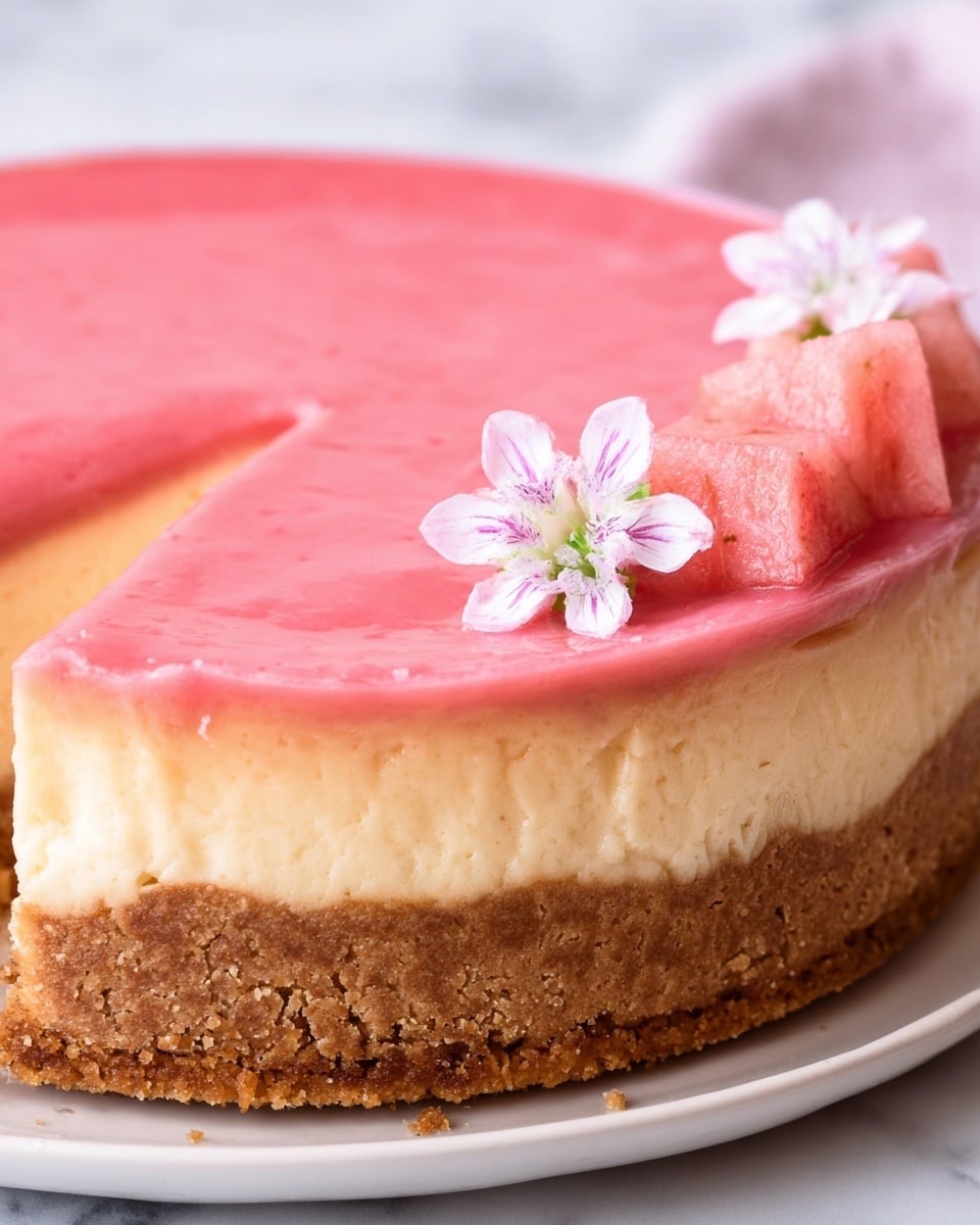 A close-up of a cheesecake with three visible layers: the bottom thick crust is golden brown and crumbly, the middle creamy cheesecake layer is light yellow and smooth, and the top layer is a bright pink glaze with a shiny, velvety texture. Two small pink and white flowers and two small pieces of pink fruit decorate the edge of the cheesecake. The cheesecake sits on a white plate, placed on a white marbled surface. photo taken with an iphone --ar 4:5 --v 7