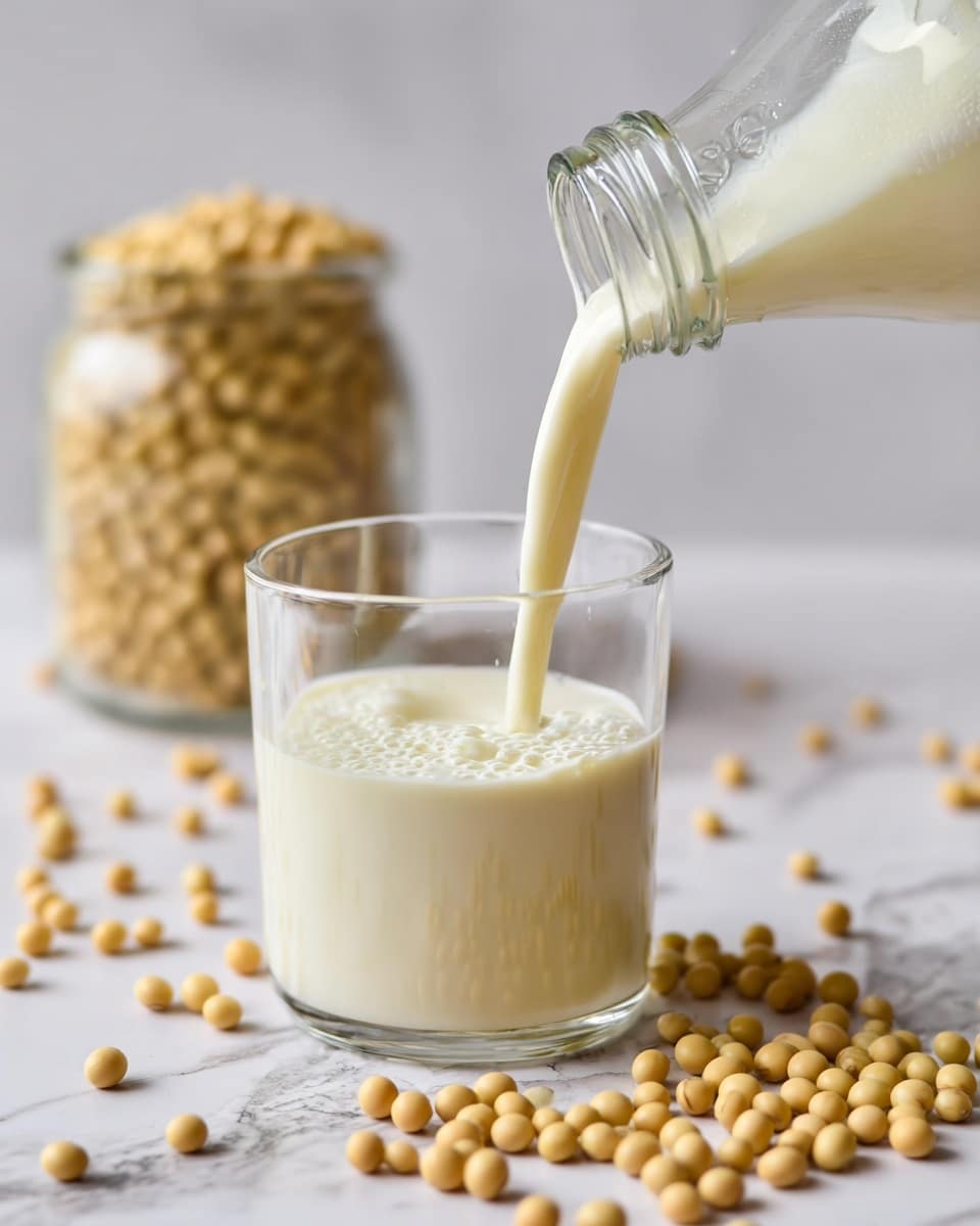 A clear glass is shown partially filled with smooth, off-white soy milk being poured from a glass bottle tilted above it. The soy milk creates a soft splash and ripples inside the glass. Around the glass, light yellow soybeans are scattered across a white marbled surface. In the background, there is a glass jar filled with more soybeans, slightly out of focus. photo taken with an iphone --ar 4:5 --v 7
