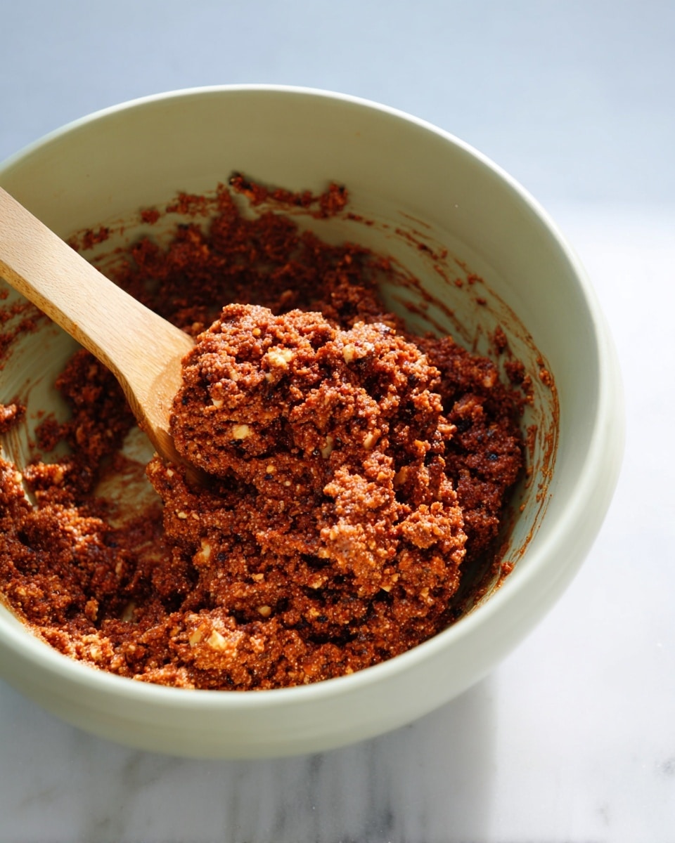 A close-up view of a thick, crumbly mixture with a rough texture mixing inside a large white bowl. The mixture has a deep reddish-brown color with visible small chunks of lighter beige and darker bits spreading unevenly throughout. A wooden spoon lies partially in the mixture, showing some of the mixture scooped up on it. The scene is set on a white marbled surface under bright, natural light. photo taken with an iphone --ar 4:5 --v 7