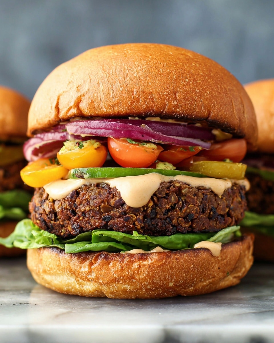 A close-up of a burger with five clear layers. The bottom layer is a toasted, light brown bun. Above this is a layer of fresh, green lettuce with visible veins. Next is a thick, textured dark brown patty with bits of grains visible. On top of the patty are two small, bright orange tomato slices. Above that, several slices of red onion with a shiny surface are placed. Over the onions, there is a light cream-colored sauce dripping gently over the sides, mixed with grainy yellow mustard. The top layer is a shiny toasted light brown bun with a smooth, slightly cracked surface. The background is a soft white marbled texture. Photo taken with an iphone --ar 4:5 --v 7