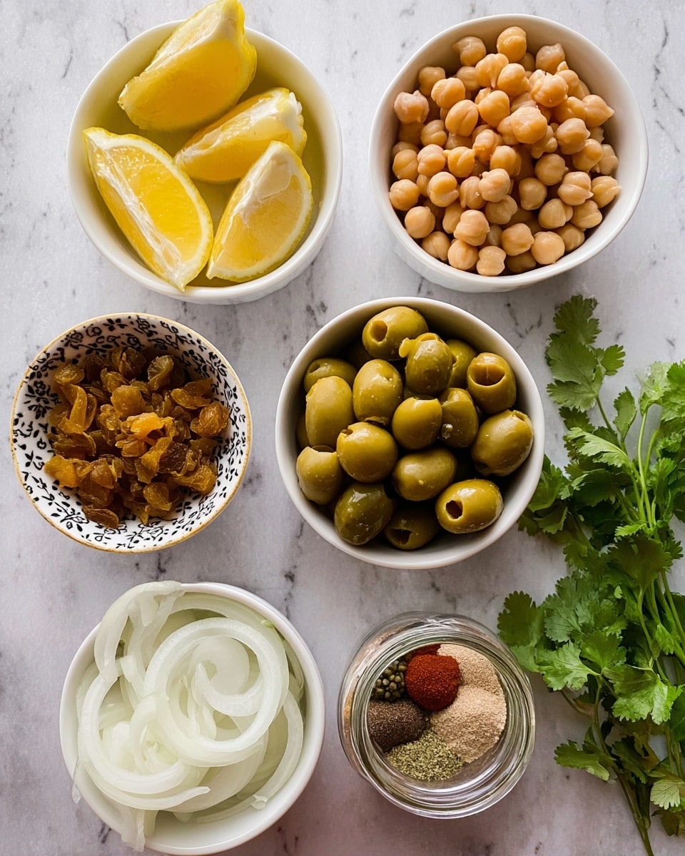 The image shows six small white bowls placed on a white marbled surface, each containing different ingredients. Starting from the top left is a bowl with lemon wedges, showing bright yellow color and juicy texture. To the right, there is a bowl with light brown chickpeas. Below that is a white bowl filled with halved green olives with a smooth texture. Next to it, a patterned white bowl filled with golden raisins, which have a wrinkled texture. Below the lemons is a small glass jar containing a mix of colorful spices: brown, green, light beige, and reddish powder. On the bottom left is a white bowl with sliced white onions, showing curved translucent layers. In the bottom right corner, some fresh green cilantro leaves are partially visible. Photo taken with an iphone --ar 4:5 --v 7