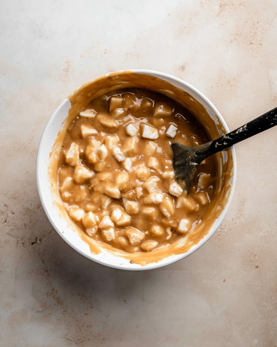 A white bowl filled with a thick mixture of light brown gravy and small white chunks of cheese curds mixed throughout, with a black spatula resting inside the bowl partially covered in the same mixture, all placed on a white marbled surface photo taken with an iphone --ar 4:5 --v 7