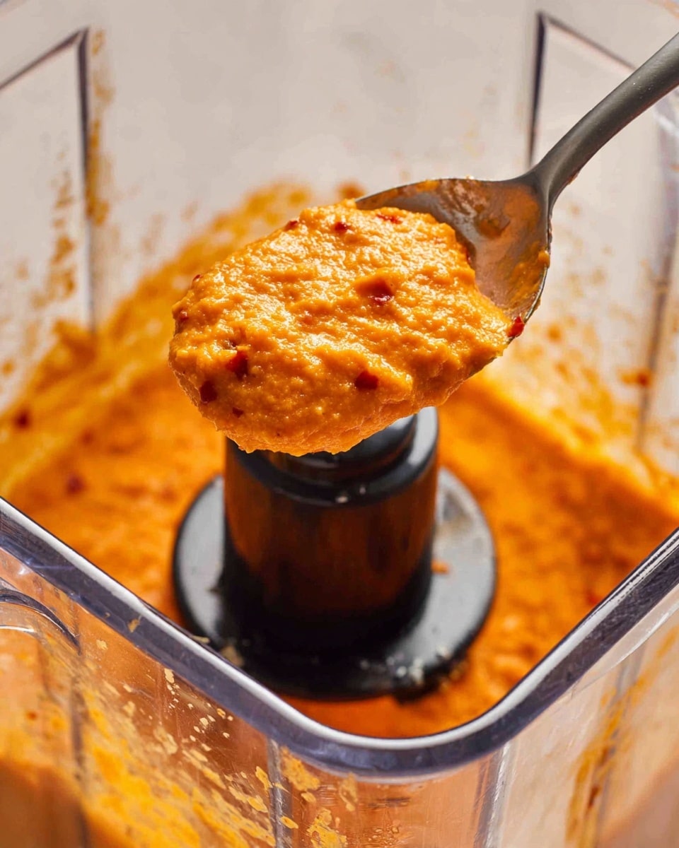 A clear square blender container holds a thick, textured orange mixture with small bits visible throughout. A silver spoon scoops up a portion of this orange paste, showing its somewhat chunky consistency. The background is a white marbled texture, and the blender’s black central blade is visible inside the container. The overall image focuses closely on the spoon and the mixture inside the blender. photo taken with an iphone --ar 4:5 --v 7