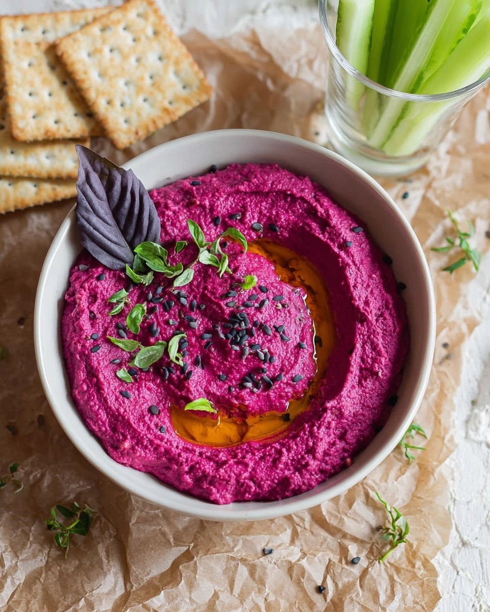 A white bowl filled with bright purple beet hummus, smooth and creamy with a slight swirl in the middle holding a small puddle of orange oil. The hummus is sprinkled with small black seeds and tiny green herb leaves, accented by a dark purple basil leaf placed on one side. The bowl sits on crinkled light brown paper, surrounded by small sprigs of green herbs and black seeds. Behind the bowl, there is a clear glass filled with long green cucumber sticks standing upright, and four light tan crackers with a slightly toasted pattern leaned against the paper. The background is a white marbled texture photo taken with an iphone --ar 4:5 --v 7