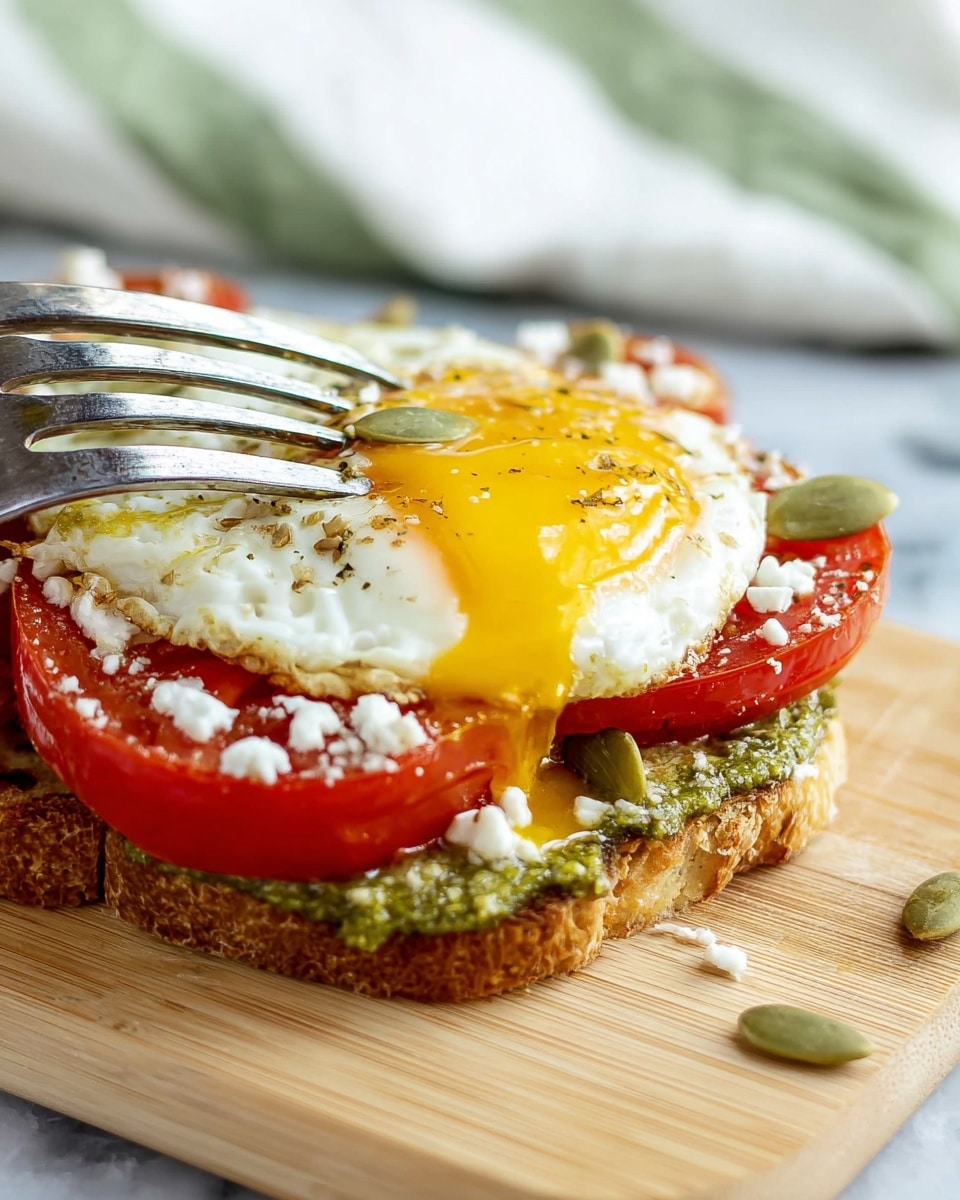 The image shows a close-up of a toasted bread slice at the bottom with a golden-brown crunchy texture. On top of the toast, there are two layers of bright red tomato slices with some white crumbly cheese sprinkled over them. Above the tomatoes is a fried egg with a soft, green pesto-coated white layer around it, and a shiny, bright yellow yolk spilling over the edge as a silver fork presses into it. A few green pumpkin seeds are scattered on the egg. The toast sits on a light wooden board, with a white marbled surface and a white cloth with green stripes in the blurred background. Photo taken with an iphone --ar 4:5 --v 7