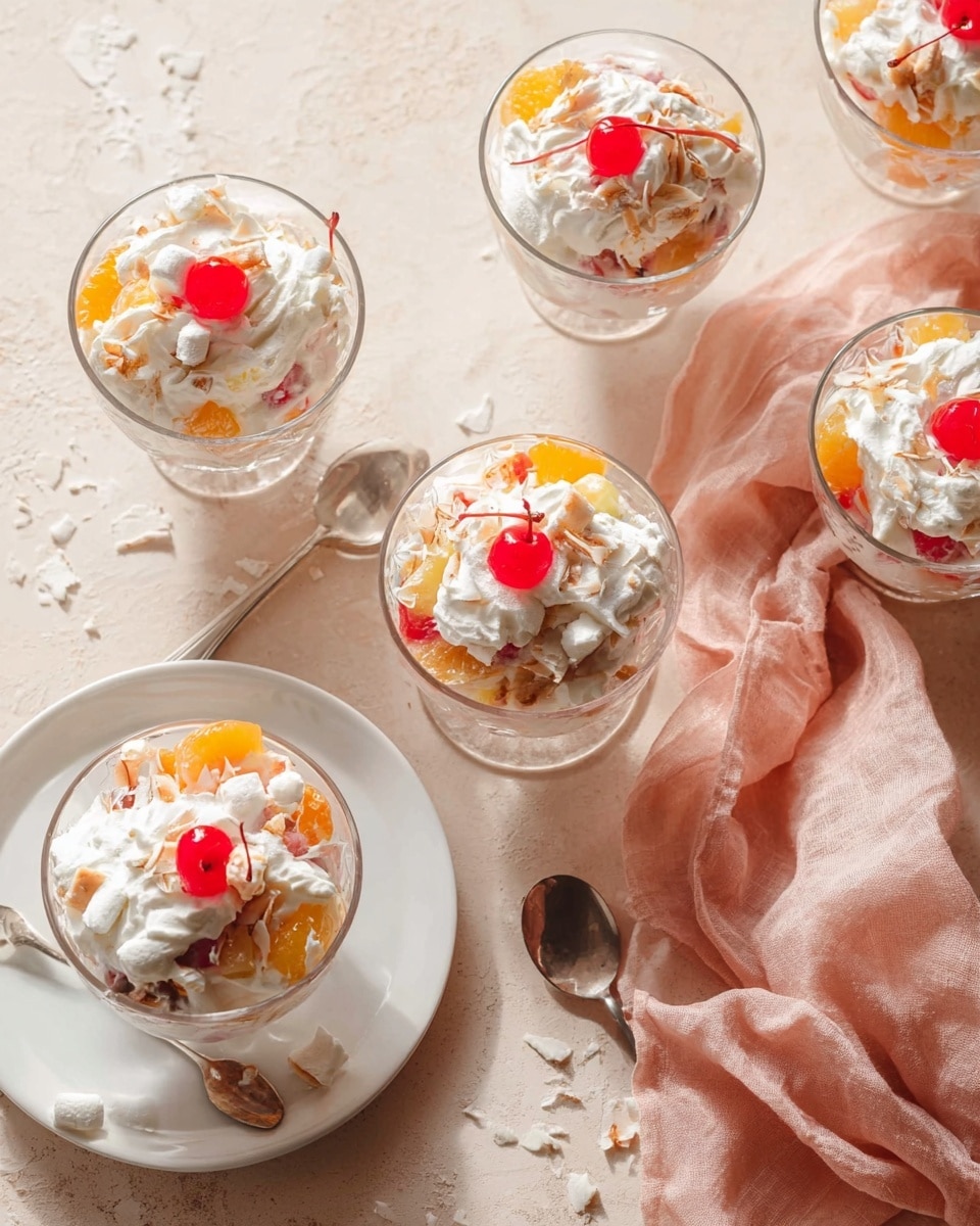 Five glass bowls each hold a layered fruit salad with a topping of white whipped cream, bright orange fruit pieces, small chunks of white and beige nuts or marshmallows, and a single shiny red cherry on top. The bowls are arranged on a light beige textured surface, with one bowl placed on a white plate accompanied by a silver spoon. A soft light pink cloth is casually draped in the right corner of the image, adding a gentle touch to the scene. Small white flakes are scattered around the dishes. The photo is taken with an iphone --ar 4:5 --v 7