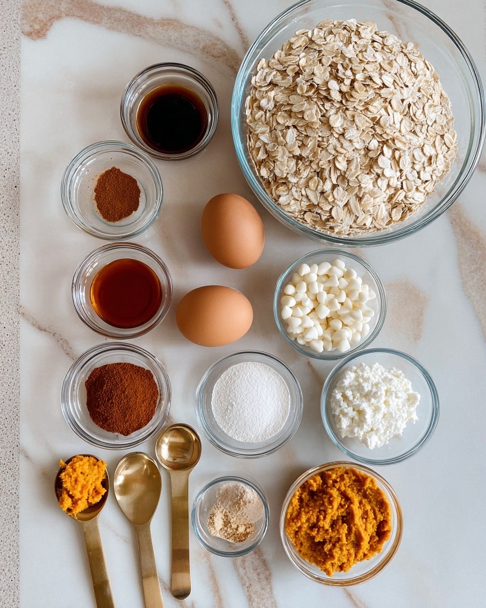 The image shows a white marbled surface with various small glass bowls and white measuring spoons holding ingredients for baking. There is a large clear glass bowl filled with light beige rolled oats on the right. Below that is a white bowl filled with small white chocolate chips. Two brown eggs sit in a small clear glass bowl near the center. Around them are five small glass bowls—one holds dark vanilla extract, one has an amber liquid (likely syrup), one contains a reddish-brown powder (likely cinnamon), and another has white powders (likely baking soda and salt). In the front row, three gold measuring spoons hold bright orange pumpkin puree, white cottage cheese, and white Greek yogurt, from left to right. The overall setup is neat and organized, ready for baking, photo taken with an iphone --ar 4:5 --v 7