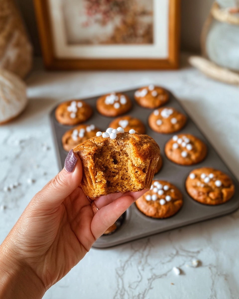 A woman's hand holds a golden-brown muffin with small white round sprinkles on top; the muffin is bitten, showing a moist, crumbly inside with a slightly rough texture. In the background, a gray muffin tray holds nine more muffins, all topped with the same white sprinkles. The surface underneath the tray is a white marbled texture, and a framed picture with a brown frame rests on the back edge. The light is warm and natural, highlighting the muffins' soft, textured tops and the woman's hand with painted nails. photo taken with an iphone --ar 4:5 --v 7