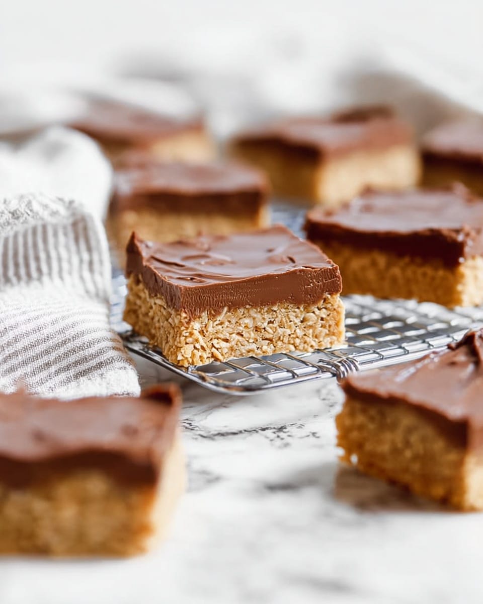 The image shows several square bars with two layers: a thick bottom layer made of a crunchy, golden cereal texture and a smooth top layer of shiny milk chocolate. One bar at the center is in focus, placed on a metal cooling rack, with visible texture and a slightly uneven chocolate surface. Other bars are blurred in the background and foreground, arranged on a white marbled surface with a soft white and gray striped cloth nearby. The overall look is bright with soft light and a minimal, clean setting. photo taken with an iphone --ar 4:5 --v 7
