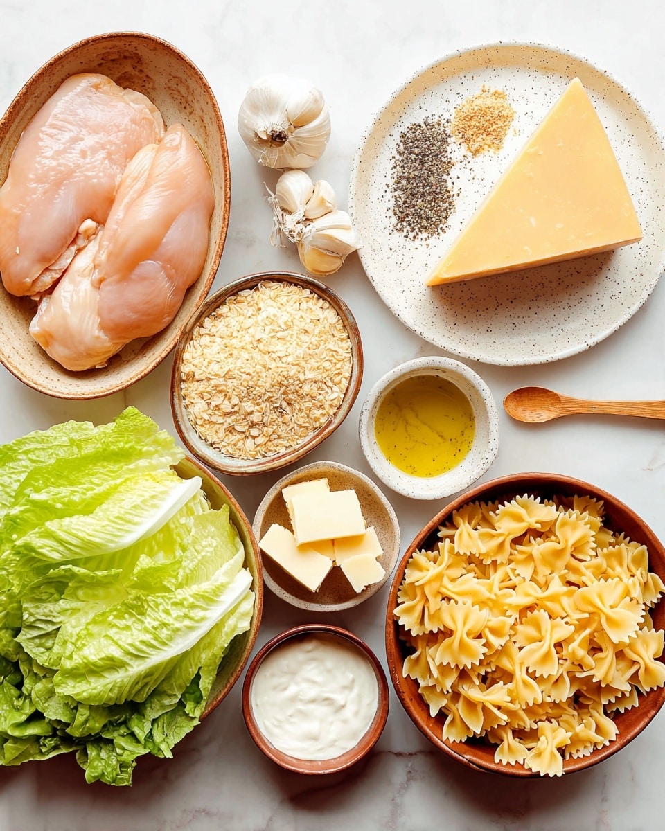 The image shows a flat lay of several cooking ingredients on a white marbled surface. On the left, there is an oval brown bowl with two raw pale pink chicken fillets. Above it, a white plate holds a large wedge of yellow cheese with a slightly darker rind. Next to it on a large white plate speckled with beige, two garlic cloves lie beside a white ceramic spoon filled with black pepper. There is also a small round bowl filled with golden olive oil and fresh green lettuce leaves placed on the same plate. Below, a brown bowl is filled with uncooked yellow bowtie pasta. To the left of it, another brown bowl contains light brown breadcrumbs. Below and in front of the breadcrumbs bowl, a small white bowl with a brown wooden spoon holds thick white cream or sauce. Small cubes of pale yellow butter are kept in a smaller brown bowl near the chicken. photo taken with an iphone --ar 4:5 --v 7