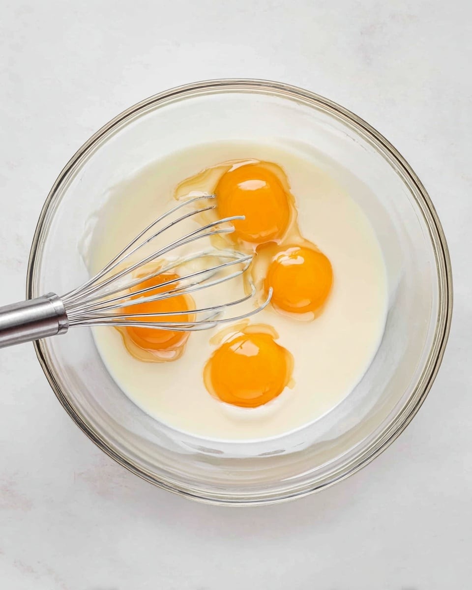 A clear glass bowl on a white marbled surface holds a smooth, light cream liquid. Floating on the surface are four bright orange egg yolks, each surrounded by a small area of clear egg white. Inside the bowl, a shiny silver metal whisk rests diagonally with its loops partially submerged in the cream and eggs. The overall scene is simple and clean. photo taken with an iphone --ar 4:5 --v 7