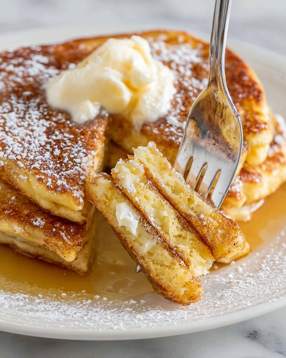 A close-up view of a stack of three golden-brown fluffy pancakes on a white plate, topped with a dollop of melting butter that has a creamy white color, with a sprinkle of powdered sugar dusted around the edges of the plate. A silver fork is pressing down on the side of the pancakes, lifting a piece showing soft, light yellow inside layers mixed with a slightly crispy outer edge dusted with cinnamon. The plate sits on a white marbled surface. Photo taken with an iphone --ar 4:5 --v 7