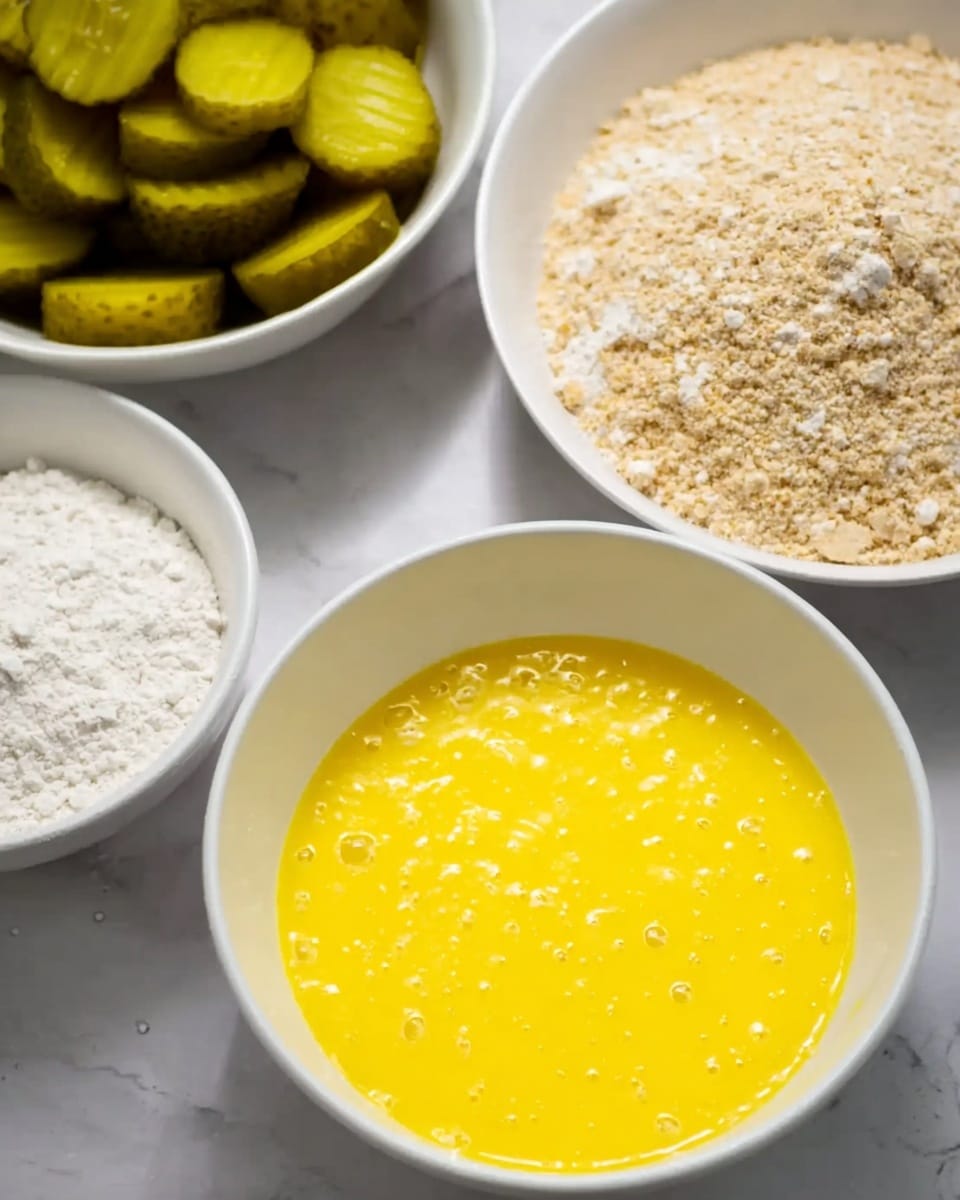 The image shows four white bowls arranged on a white marbled surface. The front bowl contains a bright yellow beaten egg mixture with a smooth and slightly bubbly texture. Behind it to the left, there is a bowl filled with white flour that looks soft and powdery. To the right, another bowl holds light brown bread crumbs with a coarse texture. In the back, the largest bowl is filled with many round, green pickle slices stacked over each other. photo taken with an iphone --ar 4:5 --v 7