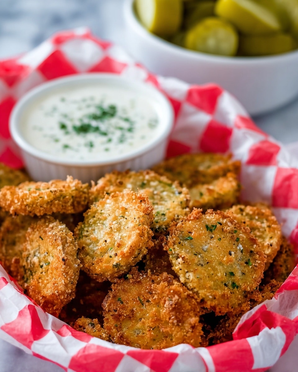This image shows a white basket lined with red and white checkered paper filled with several fried, golden-brown crispy pieces of fried pickles with a crunchy texture and small green herb flecks on the surface. Behind the pickles, there is a white bowl filled with thick white dipping sauce with green herbs mixed in. In the background, blurred is a white bowl with round, light green pickles soaking in liquid, all placed on a white marbled surface photo taken with an iphone --ar 4:5 --v 7
