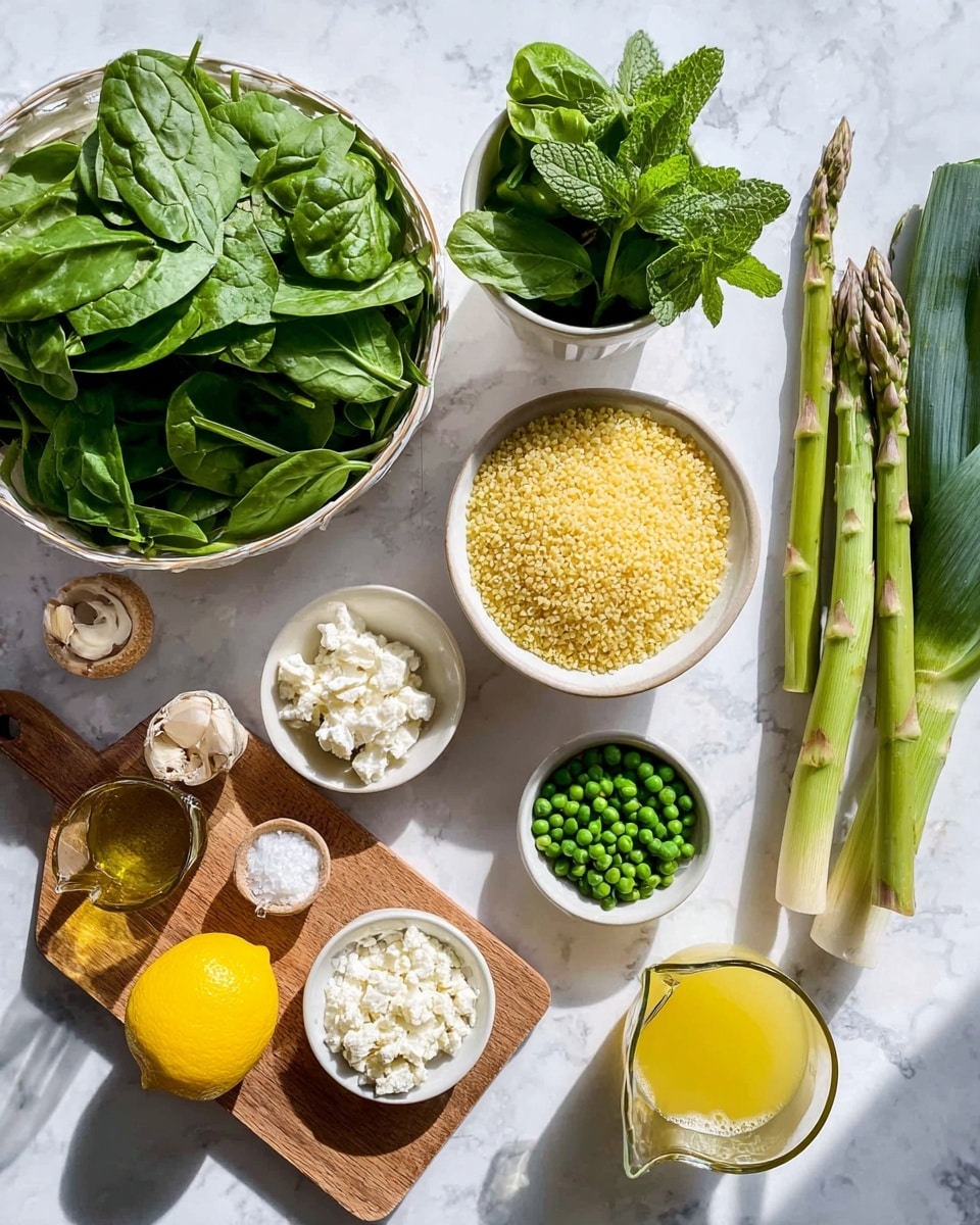 A white bowl filled with fresh green spinach leaves is placed at the bottom left, next to a white round basket holding mixed green herbs like mint and parsley at the top left. In the center are small white bowls: one contains uncooked yellow orzo pasta, another holds white crumbled cheese, and a third contains small green peas. Two garlic cloves lie on a wooden cutting board next to a bunch of green asparagus stalks and a single large green leek, both on the right side. A bright yellow lemon is placed near the center, next to a small jar of oil and a small salt shaker. On the far right, a clear measuring cup with light yellow broth rests on a white marbled surface. All items are arranged neatly with soft natural light creating soft shadows. Photo taken with an iphone --ar 4:5 --v 7