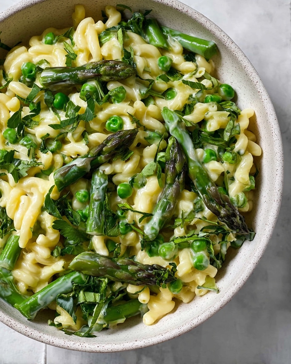 A close-up view of a creamy pasta dish in a white bowl, featuring three main layers: a base of small pasta pieces coated in a smooth, light cream sauce with a glossy texture, mixed with two layers of fresh green vegetables including peas and asparagus cut into bite-sized pieces, plus leafy greens scattered throughout. The pasta and vegetables create a mix of pale yellow and various shades of green, with visible fresh herb leaves sprinkled on top. The bowl rests on a white marbled surface with a soft, neutral background. photo taken with an iphone --ar 4:5 --v 7