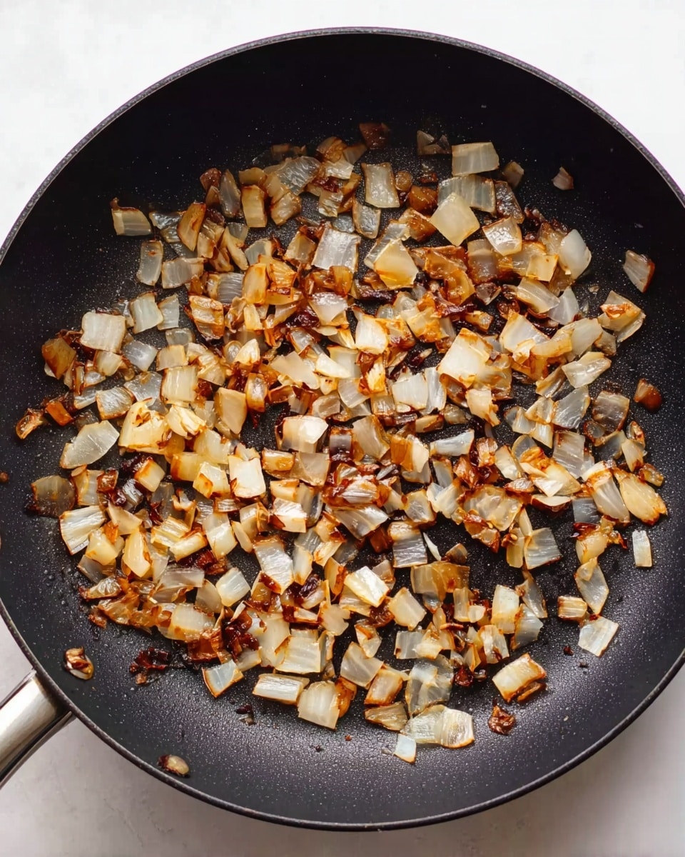 The image shows a black non-stick pan filled with small pieces of cooked onion. The onions are light golden brown with some darker brown edges, indicating a caramelized texture. The pieces are spread evenly across the pan's surface, and the pan's metallic handle is partially visible at the top left corner. The white marbled background contrasts with the dark pan and browned onions. photo taken with an iphone --ar 4:5 --v 7