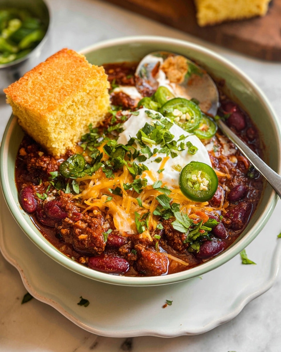A bowl filled with dark red chili containing beans and ground meat, topped with melted orange and white shredded cheese, dollops of white sour cream, chopped green onions, fresh green sliced jalapeño, and chopped cilantro. A golden brown square of cornbread is placed on the side inside the bowl. A silver spoon rests on the edge inside the bowl. The bowl sits on a white scalloped plate on a white marbled table. Photo taken with an iphone --ar 4:5 --v 7