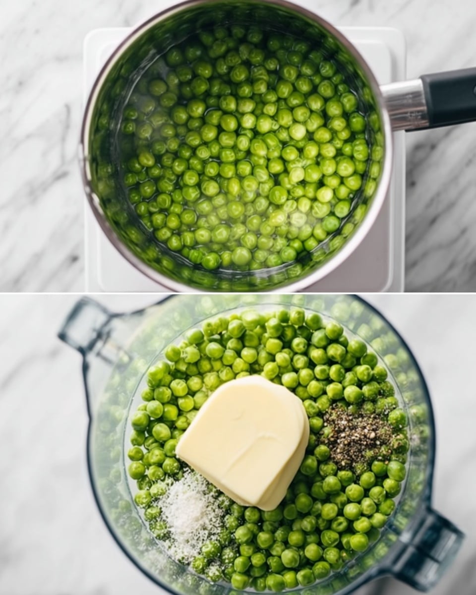 The first image shows a silver pot filled with bright green peas steaming on a stove, with the pot resting on a white marbled surface. The second image is a close-up of a clear food processor bowl, filled with bright green peas, a block of yellow butter, and sprinkled with small white salt crystals and black pepper, all sitting on the same white marbled background. photo taken with an iphone --ar 4:5 --v 7