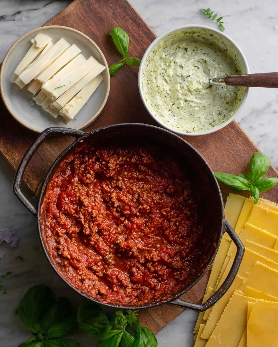 The image shows a dark cast iron pot filled with thick red tomato sauce mixed with ground meat, sitting on a wooden board. To the left of the pot, there is a small white plate with slices of creamy white cheese stacked neatly. Above and to the right of the pot, there is a white bowl filled with a creamy green herb sauce with a spoon inside. Around the board, fresh green basil leaves are scattered. On the far right, there are uncooked yellow lasagna sheets placed on a white marbled surface. photo taken with an iphone --ar 4:5 --v 7