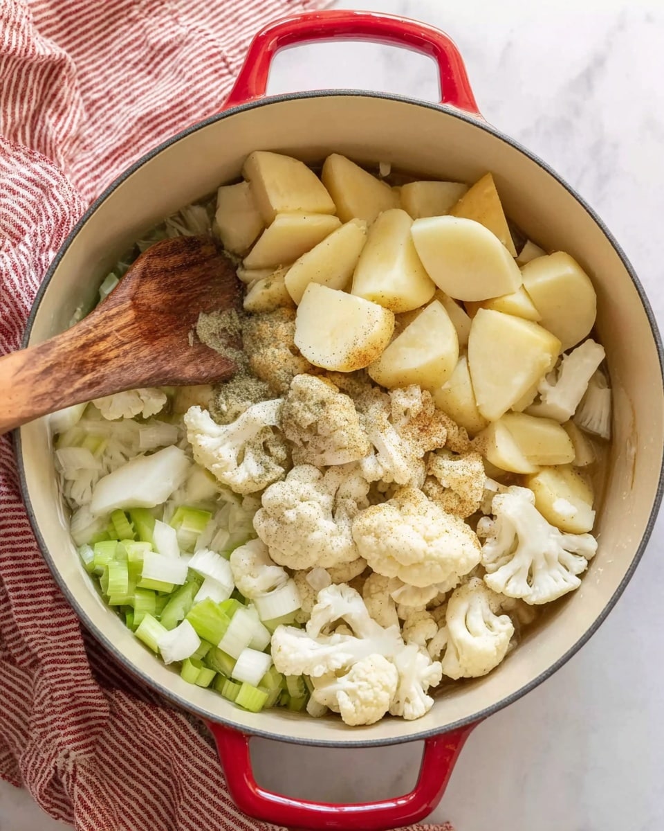 The image shows a white round pot filled with several layered ingredients placed on a white marbled surface. At the bottom and all around, there are chopped light green and white leeks on the left side. Large pale yellow pieces of potatoes are placed on the right side at the top. The bottom right and lower center parts hold many white cauliflower florets. Light brown powder seasoning is sprinkled over the cauliflower and potatoes. A woman's hand is holding a wooden spoon resting inside the pot on the left side. A red and white striped cloth is placed in the background. Photo taken with an iphone --ar 4:5 --v 7