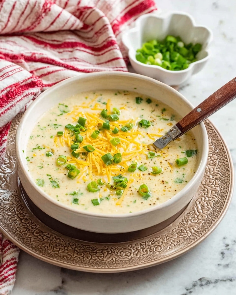 A thick creamy soup is served in a white bowl with a light brown base, sitting on a decorative round plate with intricate edges. The soup is pale with small green herbs mixed in and is topped with bright yellow shredded cheese and chopped green onions scattered on top. A wooden-handled spoon rests inside the bowl, partially submerged in the soup. In the background, there is a small white scalloped bowl filled with more chopped green onions, all placed on a white marbled surface with a red and white striped cloth cloth to the side. Photo taken with an iphone --ar 4:5 --v 7
