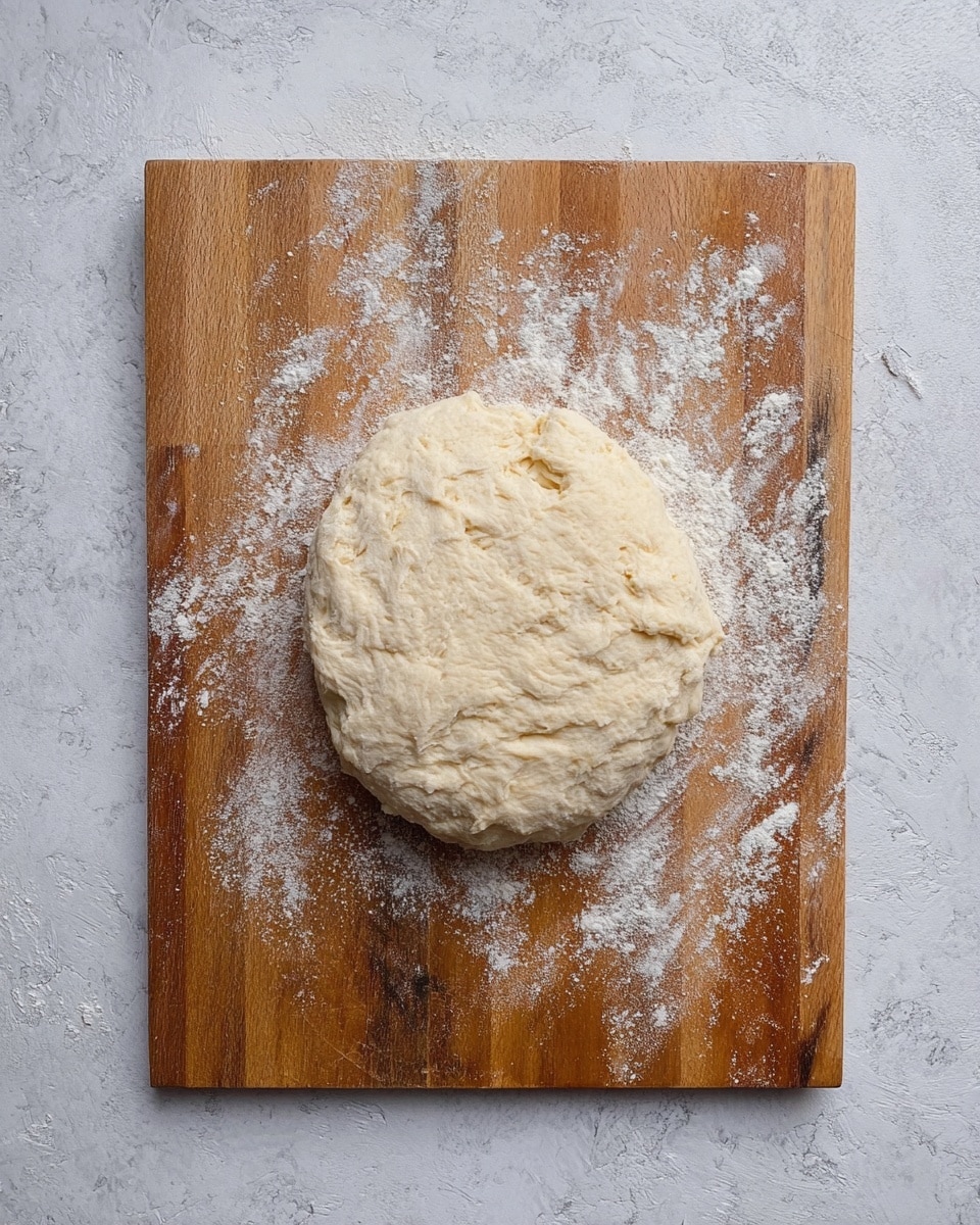 A roughly round dough is placed on a wooden cutting board, with a light dusting of white flour spread around and under the dough. The dough has a pale, creamy color with a slightly uneven and textured surface. The wooden board below the dough has a mix of light and dark brown wood tones, showing natural grains and a few scratches. The background surface has a white marbled texture, giving a clean and simple look. photo taken with an iphone --ar 4:5 --v 7