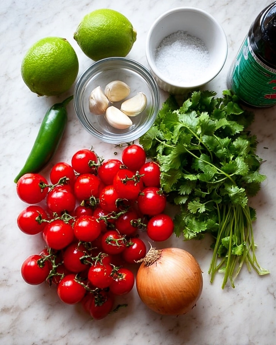 The image shows fresh cooking ingredients arranged neatly on a white marbled surface. There are two whole green limes positioned on the left side, next to a small clear glass bowl holding four garlic cloves. Below the bowl is a single green chili pepper. In the center, there is a large bunch of bright red cherry tomatoes still on their green stems. To the right of the tomatoes, there is a bunch of fresh green cilantro with stems facing down. Near the cilantro, a whole yellow onion with its brown skin is placed. Above the onion is a small white bowl filled with salt, and next to it on the far right, there is a green bottle with a black label. The arrangement is simple and clean, highlighting the natural colors and textures of the fresh ingredients. photo taken with an iphone --ar 4:5 --v 7