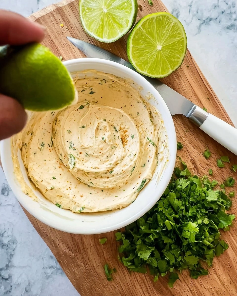 A close-up of a white bowl filled with a thick creamy light beige dip with specks of herbs and spices mixed throughout, sitting on a wooden board. Around the bowl, there are two halves of a bright green lime and a small pile of fresh chopped green cilantro. A large knife with a silver handle and a white blade lies on the board near the cilantro. A woman's hand is squeezing a lime half above the bowl, with the lime’s bright green skin and juicy texture visible. The background is a white marbled surface. photo taken with an iphone --ar 4:5 --v 7