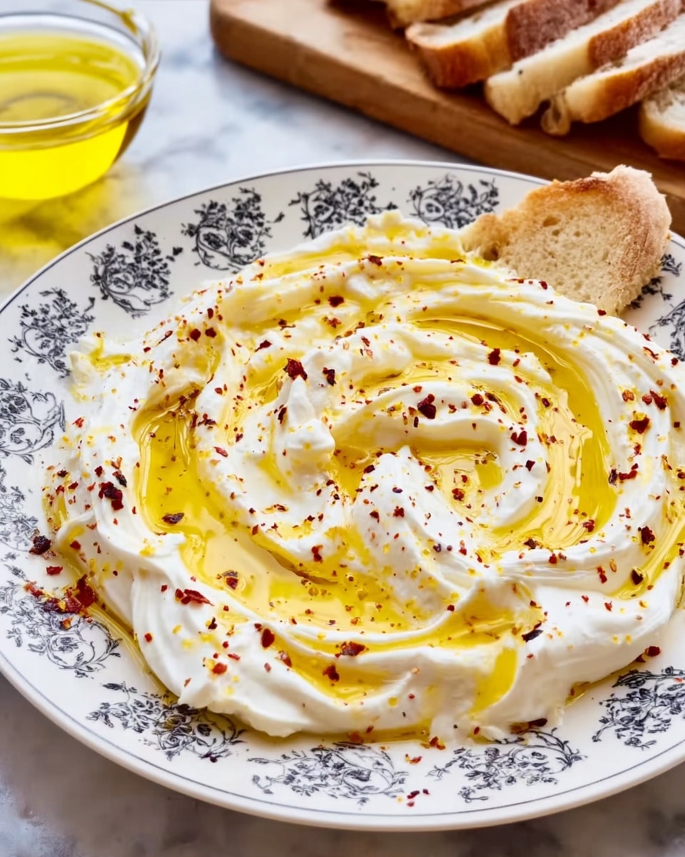 A white plate with black floral patterns holds one thick layer of creamy white yogurt spread in a swirling pattern with folds and soft peaks. The yogurt is drizzled evenly with golden yellow olive oil and sprinkled lightly with small red chili flakes and a few brown spices over the top. A piece of light brown bread rests touching the edge of the yogurt, showing a soft, slightly rough texture. In the background, a small clear glass bowl filled with bright yellow olive oil sits on a white marbled surface along with a wooden board that has sliced bread on it. Photo taken with an iphone --ar 4:5 --v 7