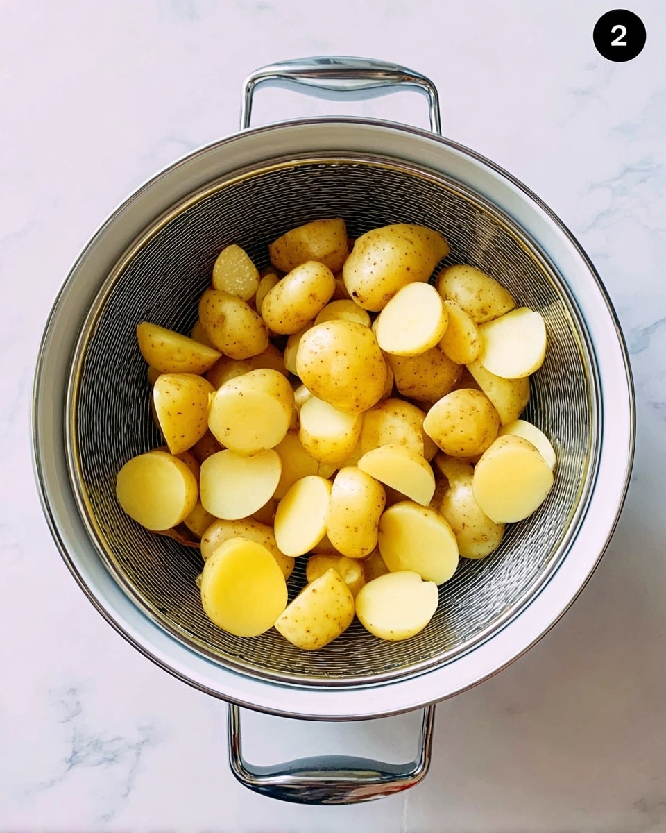 A white metal colander filled with small yellow potatoes that are cut into halves and quarters. The colander is placed inside a larger white metal bowl. The potatoes have smooth skin with a light yellow inside showing. The scene is set on a white marbled textured surface. photo taken with an iphone --ar 4:5 --v 7