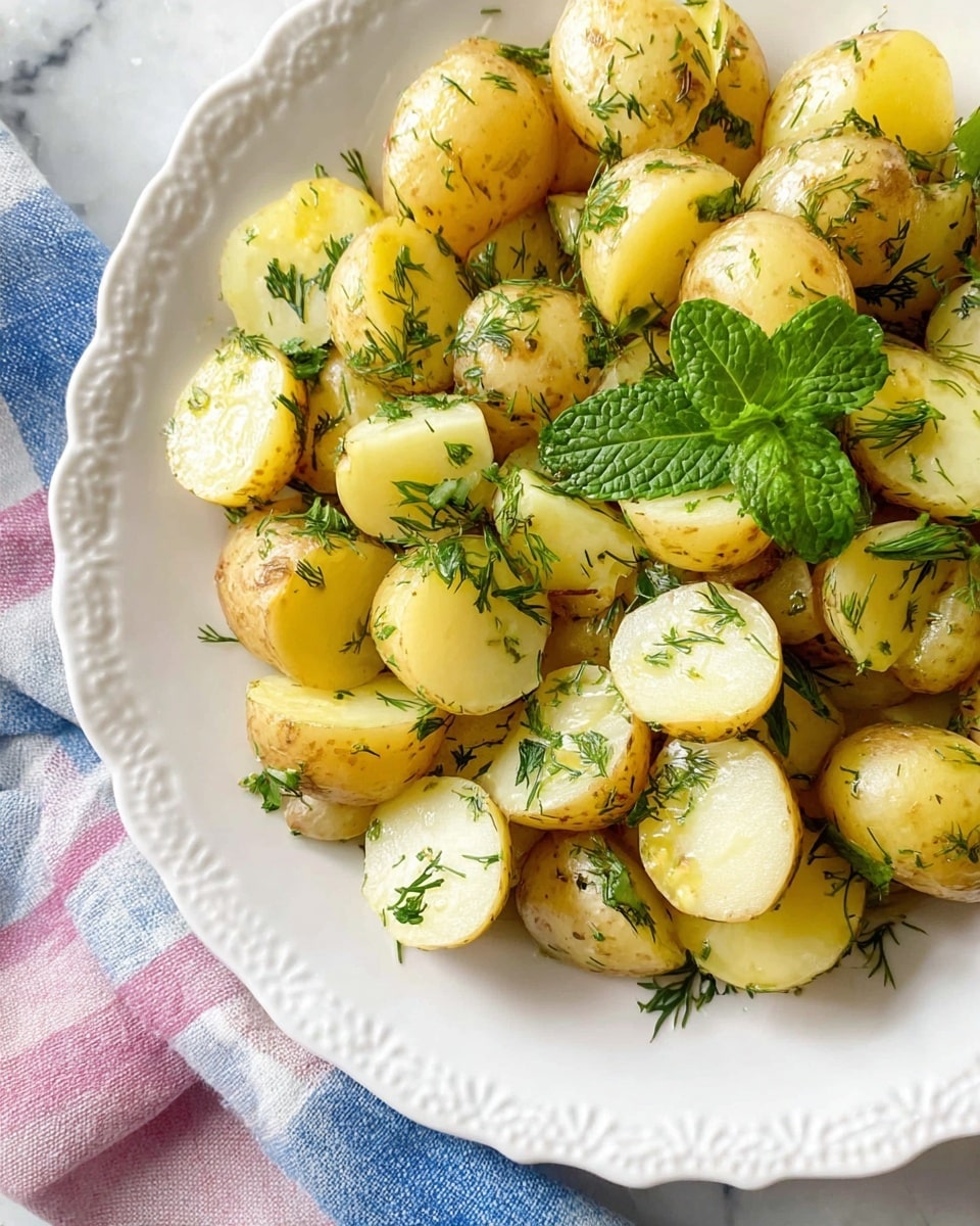 A close-up view of a white plate filled with small yellow potatoes cut into halves and quarters, showing smooth, pale yellow insides and light brown skin. The potatoes are mixed with green dill leaves scattered evenly across the top, and a few fresh mint leaves resting on top as garnish. The plate has a detailed raised pattern along its rim and sits on a white marbled surface with a blue, pink, and white checkered cloth partially visible under one side. photo taken with an iphone --ar 4:5 --v 7