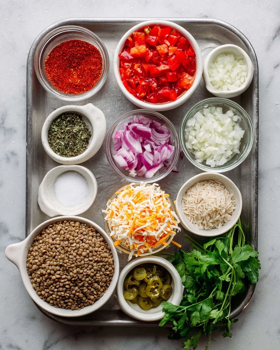 The image shows a metal tray with multiple small white bowls and clear glass bowls containing different ingredients. From top left, there is a small clear bowl with red spice powder, below it a clear bowl with chopped red bell peppers. At the center top is a white bowl filled with diced red tomatoes in liquid. To its right is a small clear bowl of finely chopped white garlic. Below the tomatoes is a clear bowl with chopped red onions. To the right of the onions is a white bowl with chopped green pickles. Below the garlic is a small clear bowl with green dried herbs. At the bottom left is a large white cup filled with dry brown lentils. Above it is a white cup filled with raw brown rice. In the middle bottom is a white bowl filled with shredded white and orange cheese. Between the rice and lentils are two small white bowls, one with white salt and the other with black pepper, placed side by side. The tray also includes a bunch of fresh green cilantro leaves on the bottom right. The tray is set on a white marbled surface. Photo taken with an iphone --ar 4:5 --v 7
