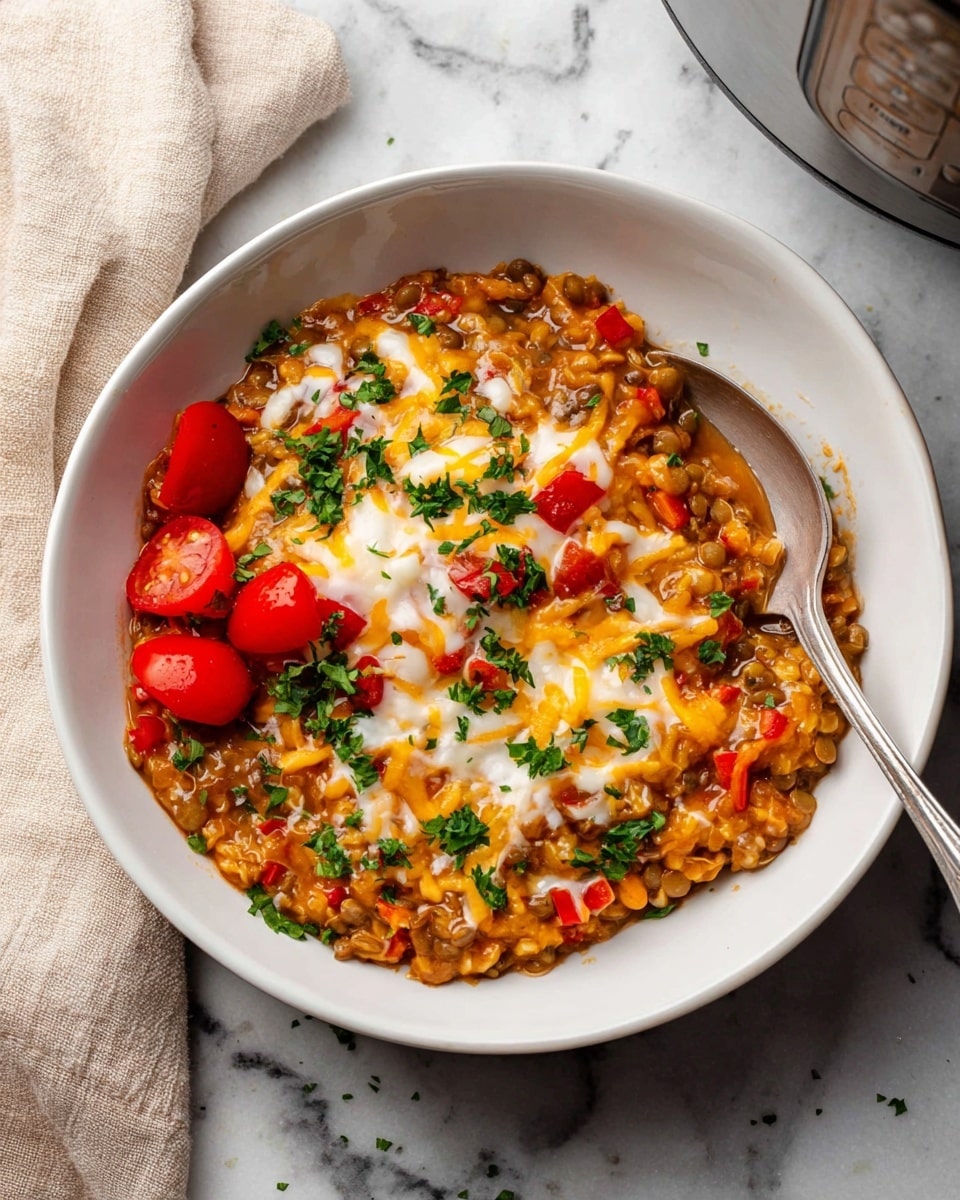 A white bowl filled with a thick mixture of lentils and rice in an orange-brown sauce as the main base layer, topped with melted white and yellow shredded cheese scattered unevenly on top, bright red cherry tomato halves placed on the surface, small pieces of red bell pepper mixed in, and sprinkled fresh green chopped herbs all over. A silver spoon is partly inside the bowl on the right side. The bowl sits on a white marbled surface with a beige cloth on the left and part of a stainless steel appliance in the top right corner photo taken with an iphone --ar 4:5 --v 7