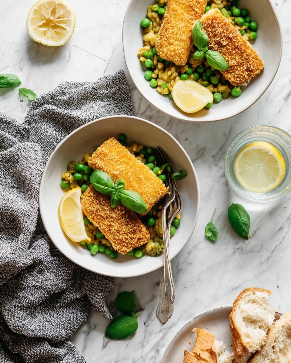Two white bowls sit on a white marbled surface, each bowl containing two rectangular golden-brown crispy pieces placed on a mix of green peas and light yellow beans with green vegetable bits beneath. A lemon wedge is placed inside each bowl beside the crispy pieces, and one bowl is garnished with two small green basil leaves on top. A silver fork rests inside the lower bowl next to the lemon wedge. Nearby, a clear glass filled with water, half a lemon, and a white plate with torn pieces of crusty bread add to the scene, which also includes a grey textured cloth and scattered green basil leaves. Photo taken with an iphone --ar 4:5 --v 7