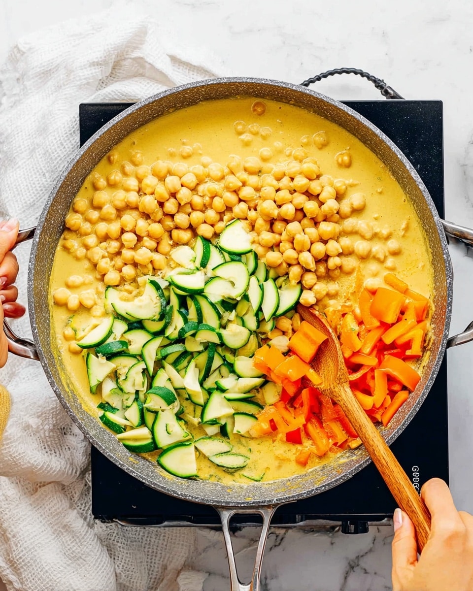 A large pan filled with light yellow curry sauce at the bottom contains layers of fresh ingredients arranged in sections: pale yellow chickpeas on the left, bright green sliced zucchini in the top middle, and chopped orange bell peppers on the right. A woman's hand holds the pan handle on the left, while another woman's hand stirs the mixture with a wooden spoon in the center. The pan is set on a black cooking surface, with a white marbled background and a white cloth nearby. Photo taken with an iphone --ar 4:5 --v 7
