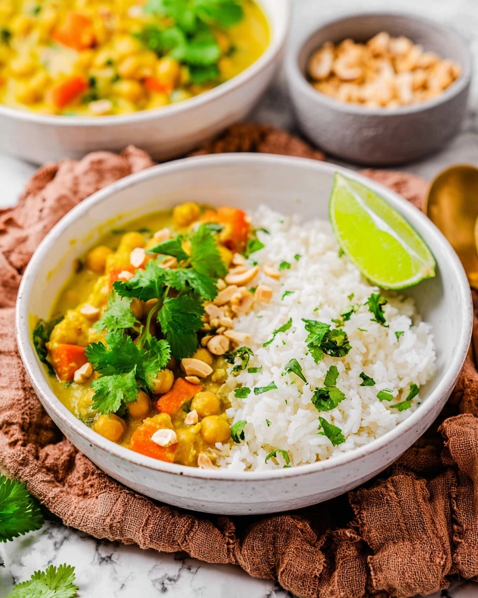 A white bowl filled with two main layers: on the left, a creamy yellow curry with chickpeas and carrot pieces, topped with fresh green cilantro leaves and chopped nuts, and on the right, fluffy white rice mixed with chopped cilantro. A bright green lime wedge rests on the side of the bowl. The bowl is placed on a textured brown cloth over a white marbled surface. In the blurred background, there is another white bowl with more curry and rice, and a small grey bowl with chopped nuts. Photo taken with an iphone --ar 4:5 --v 7