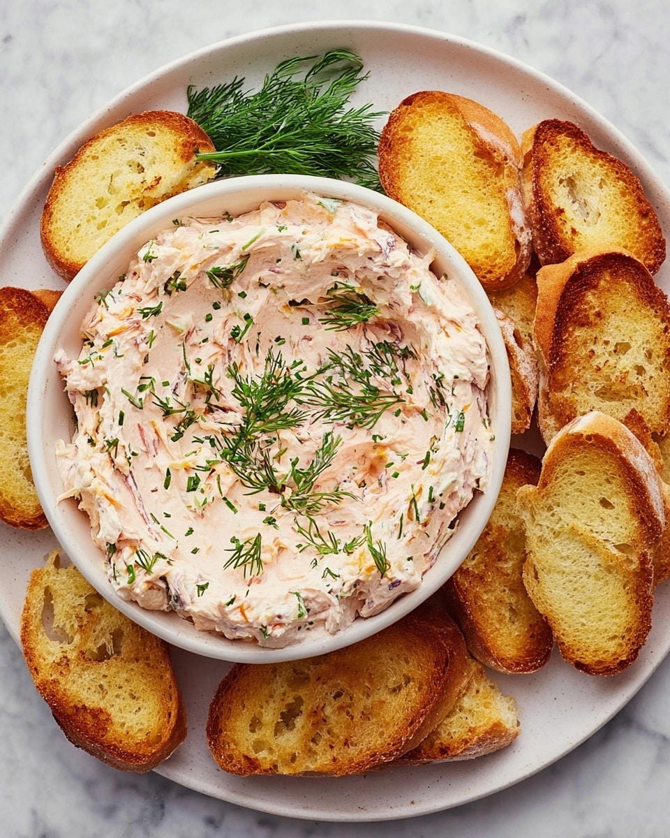 A bowl filled with a creamy, pale pink spread that has green herb flecks mixed throughout. The spread is swirled smoothly in the bowl with small sprigs of fresh dill scattered on top. The bowl sits on a white plate, surrounded by several light golden toasted bread slices arranged around the edge. The plate is placed on a white marbled surface. Photo taken with an iphone --ar 4:5 --v 7