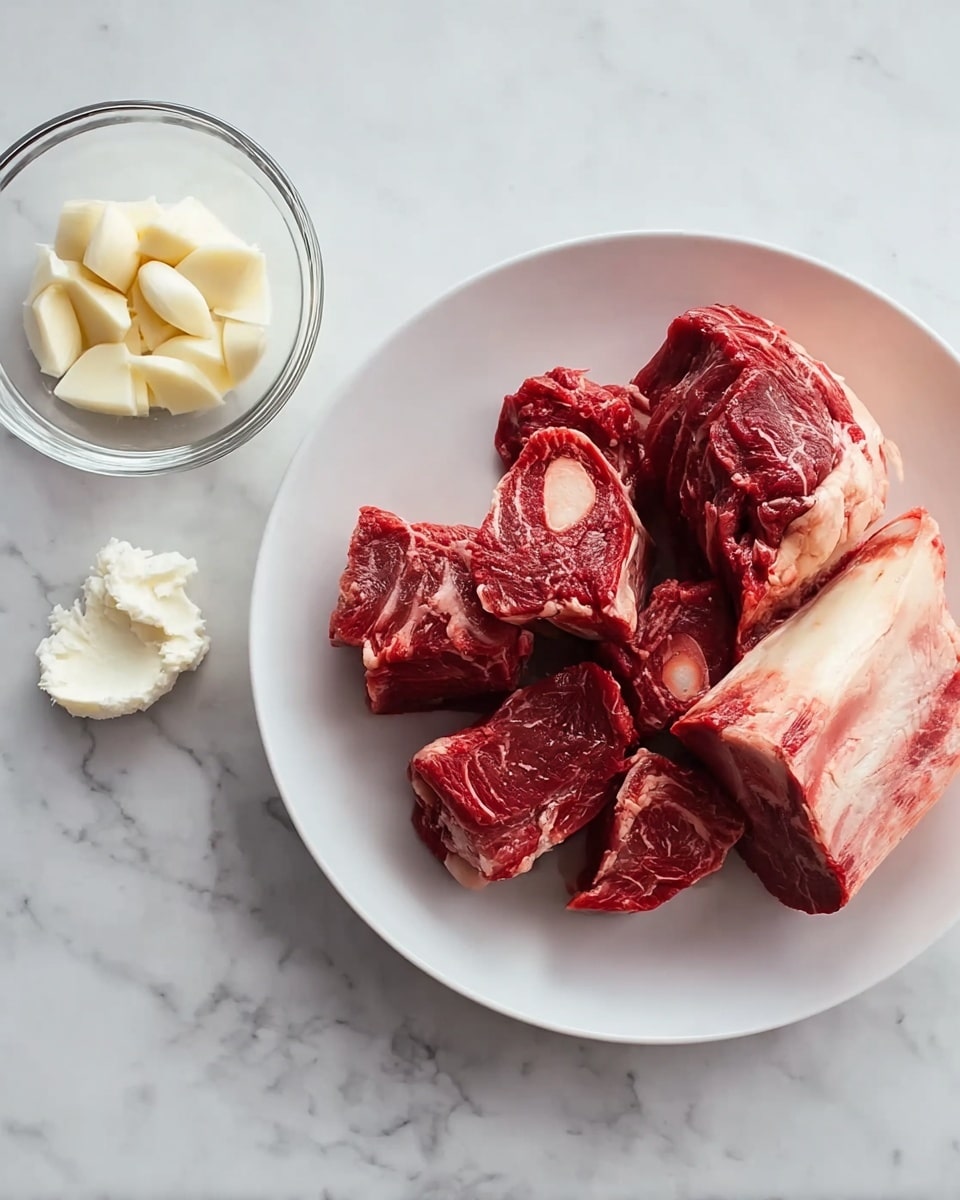 A white plate holds several pieces of raw red meat with some white marbling and a large bone attached to one side, showing deep red and creamy white colors with a slightly shiny texture. Next to the plate on the white marbled surface is a small clear glass bowl containing peeled garlic cloves and a dollop of creamy white substance. Photo taken with an iphone --ar 4:5 --v 7
