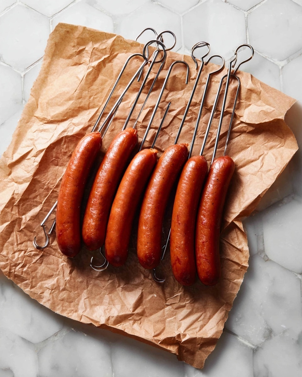 Six reddish-brown sausages are skewered on long metal skewers with looped handles, all arranged side by side on crumpled brown paper. The paper sits on a white marbled surface with a subtle hexagonal tile pattern visible. The sausages have a smooth and shiny texture, with a slightly curved shape, and the metal skewers extend a bit beyond the sausages, giving a neat and orderly look. Photo taken with an iphone --ar 4:5 --v 7