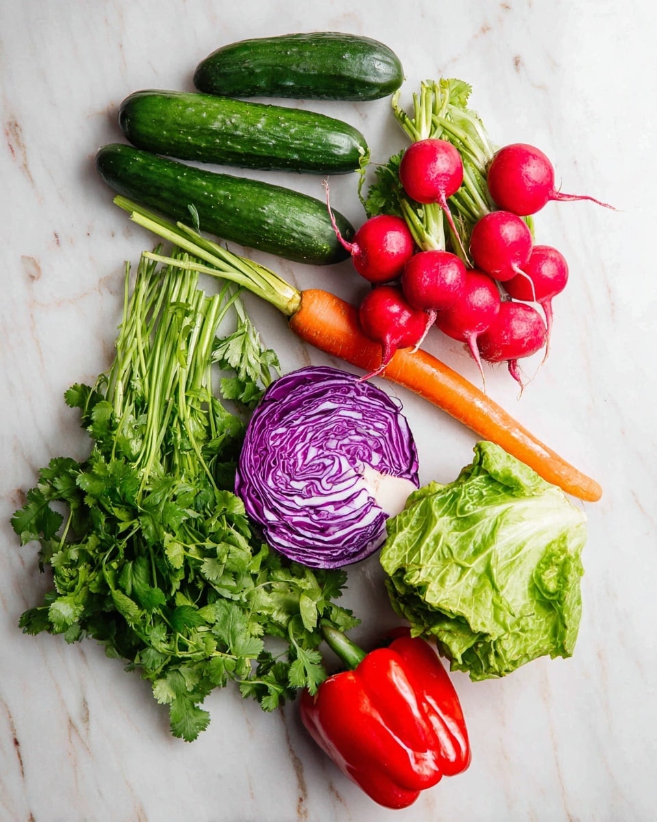 Several fresh vegetables are arranged on a white marbled surface. There are five bright red radishes with green stems grouped near the top left, two long dark green cucumbers placed parallel above the radishes, and a single orange carrot laying horizontally below the radishes. A bunch of fresh green cilantro spreads out towards the bottom left. In the center, there is a half piece of purple cabbage showing its white inner veins. To its right, two leafy green lettuce heads with subtle reddish edges sit stacked. On the bottom right corner, there is a whole bright red bell pepper showing the green stem. photo taken with an iphone --ar 4:5 --v 7