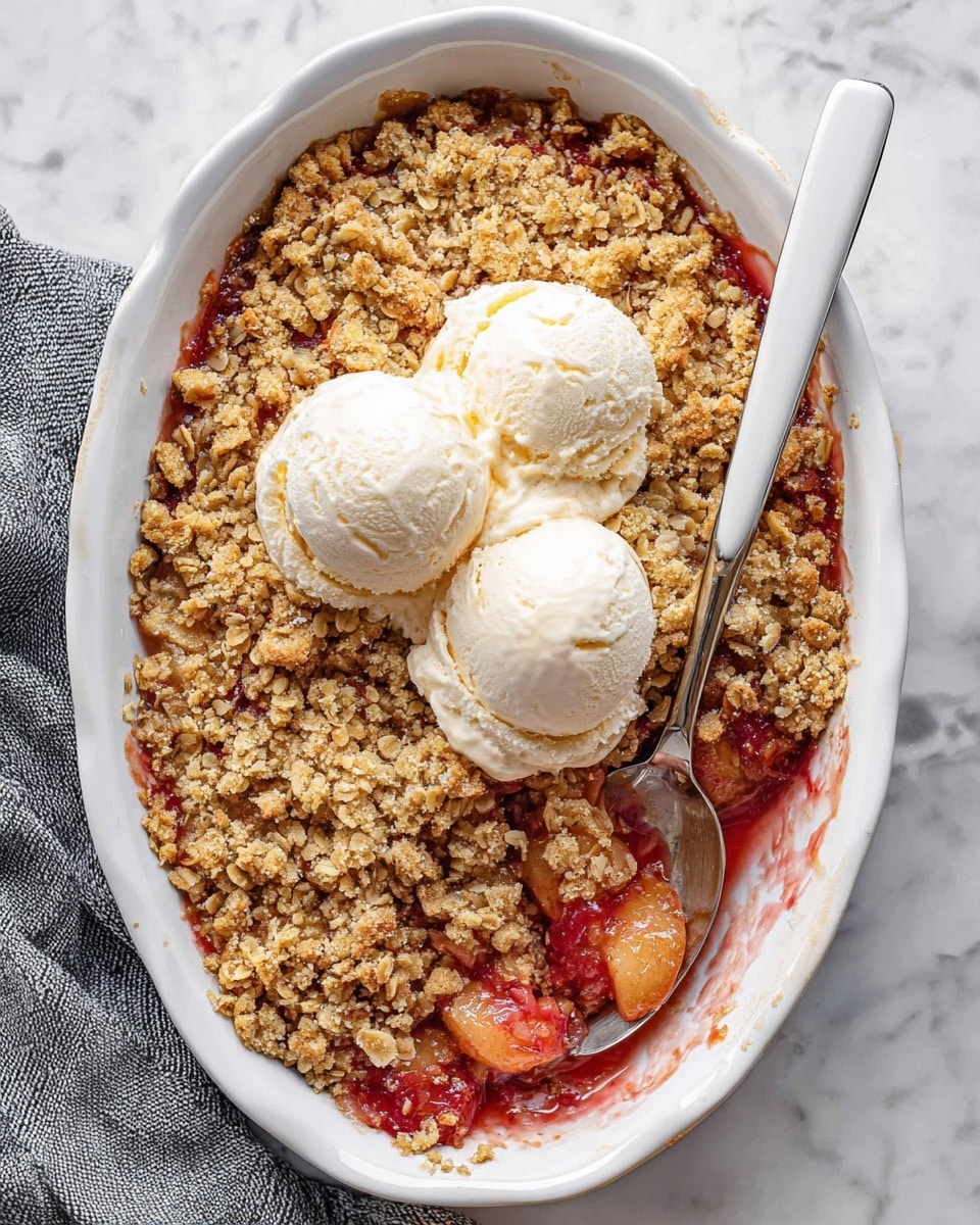 A white oval baking dish filled with a fruit crumble that has a layer of cooked mixed fruits in reddish and yellowish tones at the bottom, topped by a golden-brown crumbly oat mixture with rough texture, scattered oat flakes, and a slightly crispy appearance. On top of the crumble, there are three large round scoops of vanilla ice cream with creamy white color and small natural specks, slightly melting onto the warm crumble below. A spoon with a white handle is resting inside the dish on the right side. The dish is placed on a white marbled surface with a gray and white cloth partially visible in the background. photo taken with an iphone --ar 4:5 --v 7