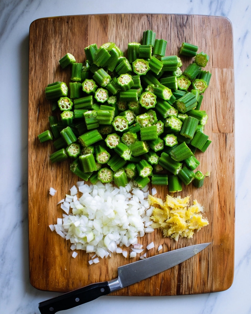 The image shows a wooden cutting board placed on a white marbled surface. On the cutting board, there is a large pile of bright green okra pieces cut into small sections, showing their inner seed patterns with a smooth texture. Below the okra, there is a cluster of finely chopped white onion pieces with a slightly rough texture, and next to it, a small pile of minced yellow ginger with a moist, fibrous look. A black-handled knife with a silver blade is resting on the lower right part of the cutting board, partially on top of the chopped onion pieces. photo taken with an iphone --ar 4:5 --v 7