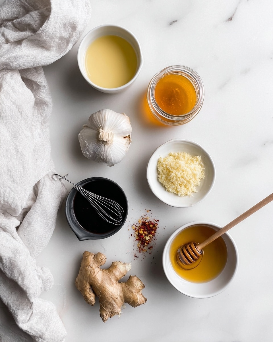 The image shows a white marbled surface with seven items arranged loosely. From top to bottom there is a white cup filled with light yellow liquid, a small jar with a metallic whisk inside full of thick dark brown sauce, a glass jar with orange liquid, a whole garlic bulb next to a small white dish holding finely minced light yellow ginger, mashed pale beige garlic, and some red flakes. Below is a small black bowl with white powder, a piece of fresh ginger root with its beige skin intact, and a white bowl with golden honey and a wooden honey dipper resting inside. On the left side is a crumpled white cloth. Photo taken with an iphone --ar 4:5 --v 7