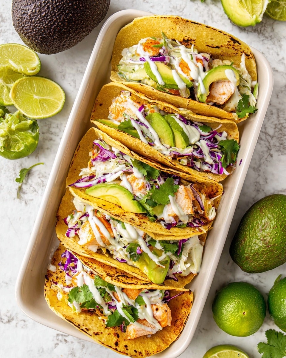 There are four yellow corn tortillas placed side by side in a white rectangular dish on a white marbled surface. Each tortilla has layers starting with chunks of orange grilled fish, topped with white and purple cabbage slaw, thin slices of light green avocado, green cilantro leaves, and drizzled with white sauce. The tortillas show some toasted spots and are folded in half, holding the fillings inside. Around the dish, there are whole dark brown avocados and halved green limes. photo taken with an iphone --ar 4:5 --v 7