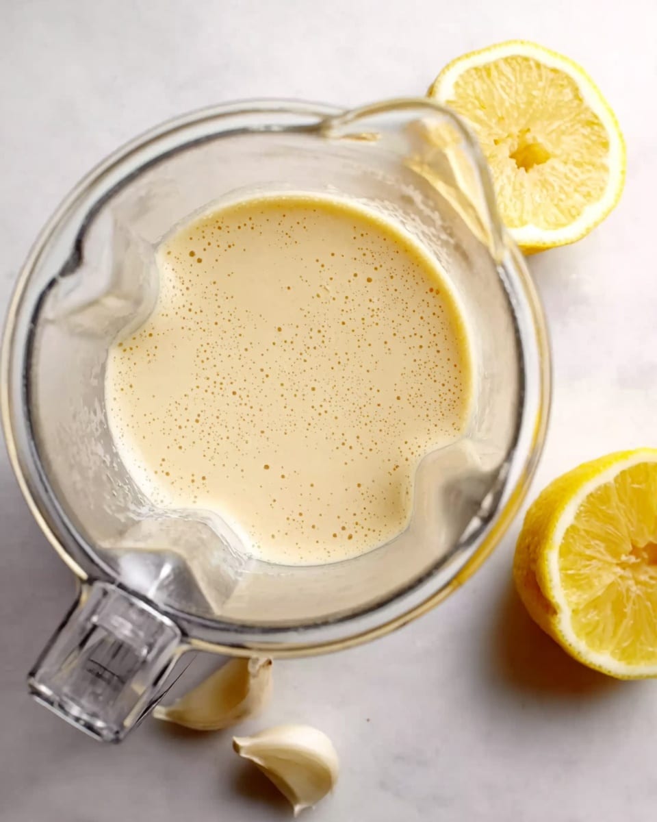 The image shows a clear glass blender container filled with a smooth, creamy, pale yellow sauce. The inside surface of the blender has tiny bubbles. Next to the blender, there is a half lemon with bright yellow skin and two cloves of garlic with a light beige color. The blender sits on a white marbled surface. Photo taken with an iphone --ar 4:5 --v 7