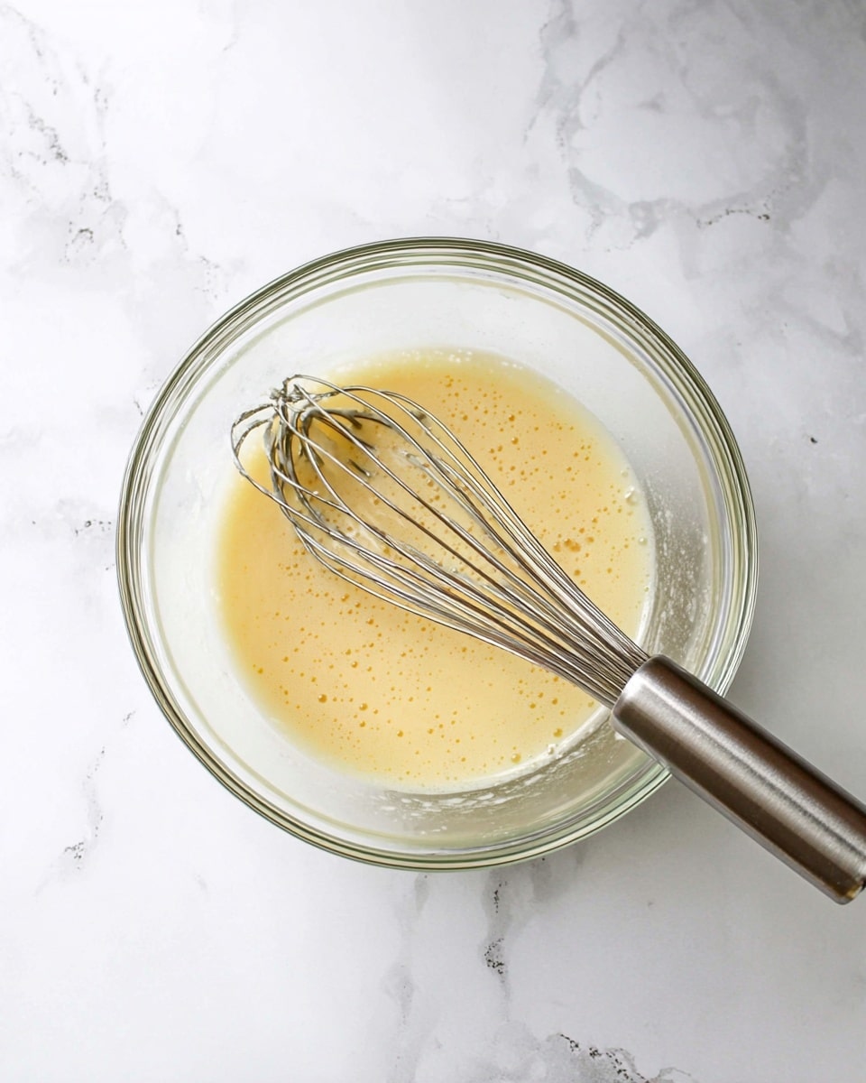 A clear glass bowl with pale yellow liquid batter filled about halfway, showing some small bubbles on the surface; inside the bowl is a metal whisk with a long handle resting diagonally, and the bowl is placed on a white marbled surface photo taken with an iphone --ar 4:5 --v 7